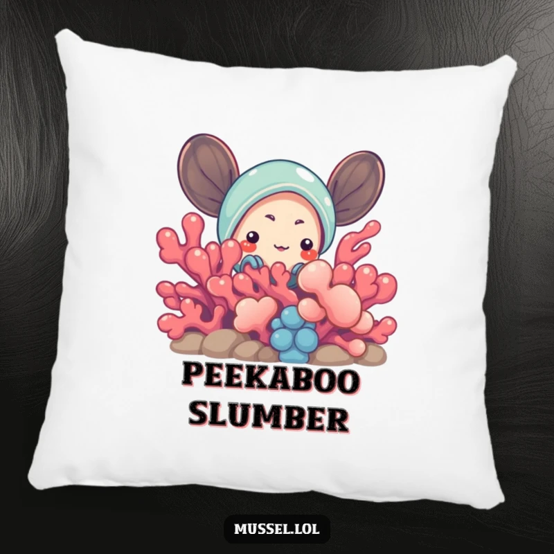 Funny Mussel Pillow: A plush pillow showcasing a comical mussel character curiously peeking from behind vibrant coral, perfect for cozying up.