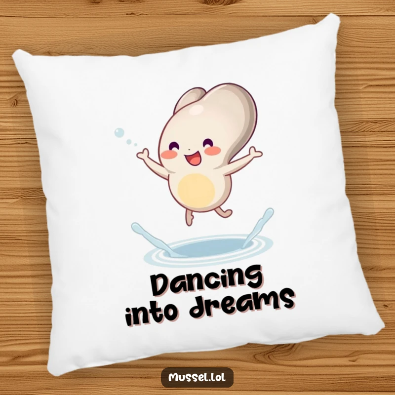 Funny mussel pillow featuring a character joyfully dancing with little legs and a tiny splash, offering comfort and fun.