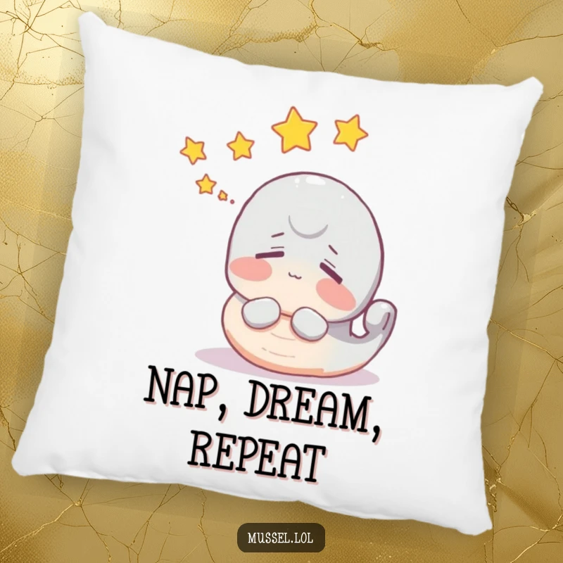 Funny mussel pillow featuring a dreaming character with little stars floating above its head for cozy dreams.
