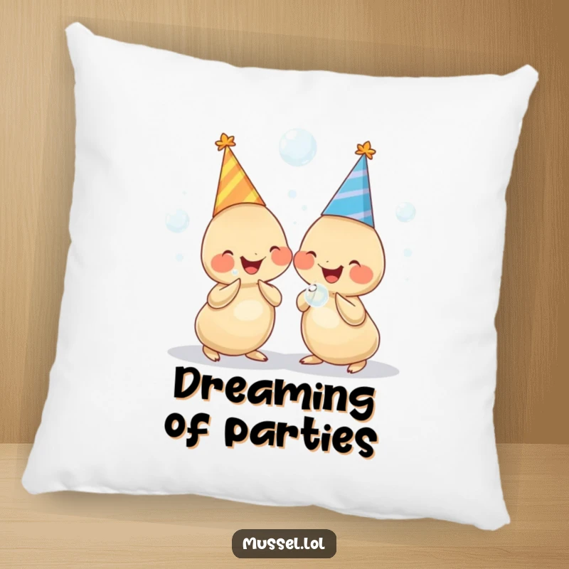 Funny pillow featuring two chubby mussels in party hats, holding bubbles and giggling, providing soft comfort and cheer.