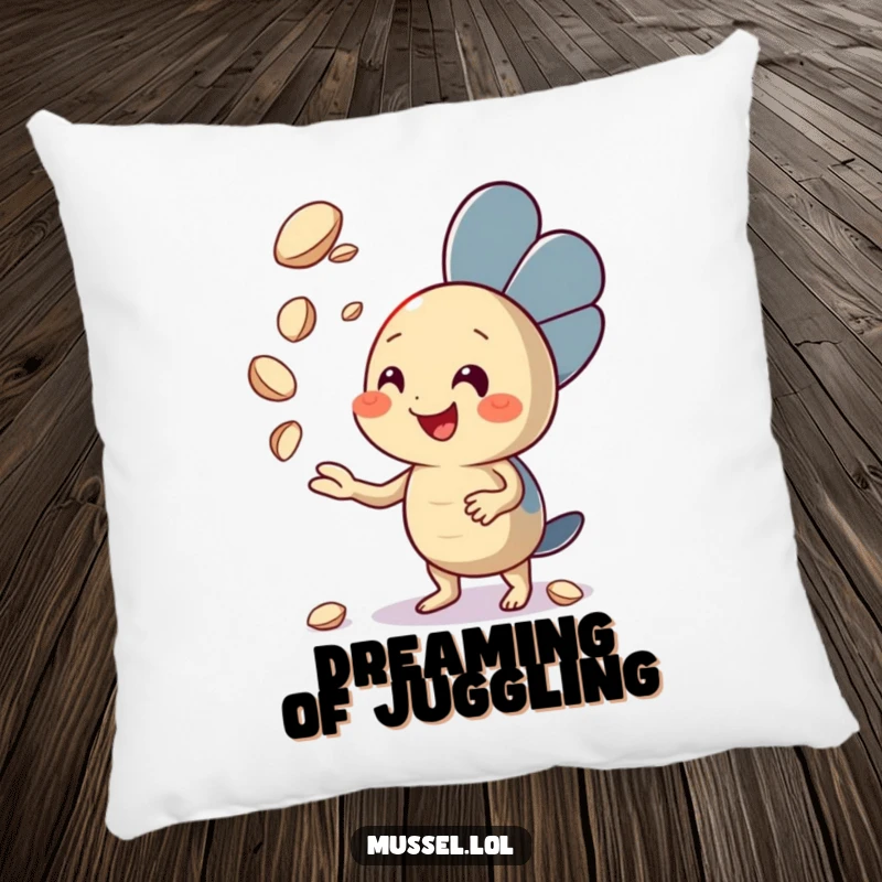 Funny Mussel Pillow showcasing an enthusiastic mussel character juggling seashells, adding quirky charm and comfort, a delightful funny gift.