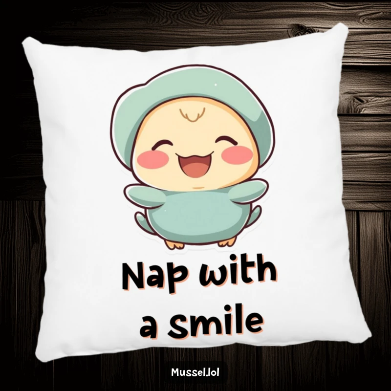 Funny mussel character laughing heartily on a soft, comforting pillow.