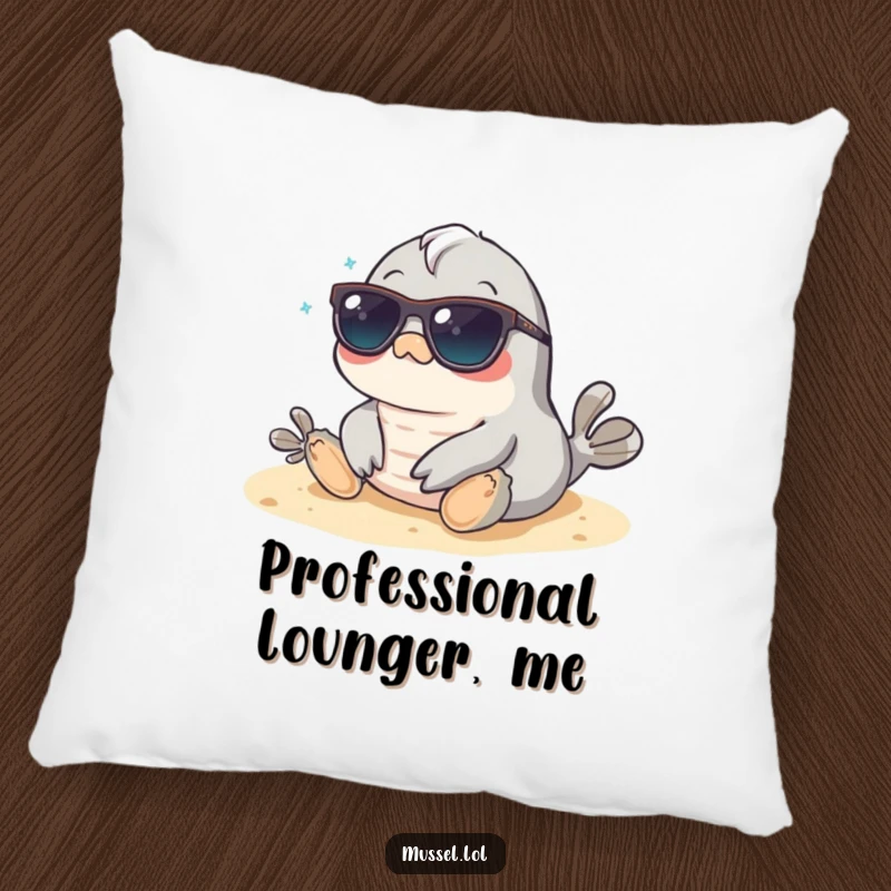 Funny Mussel Pillow: A mussel in sunglasses relaxes on a beach, perfect for adding comfort and a cool, vacation vibe.