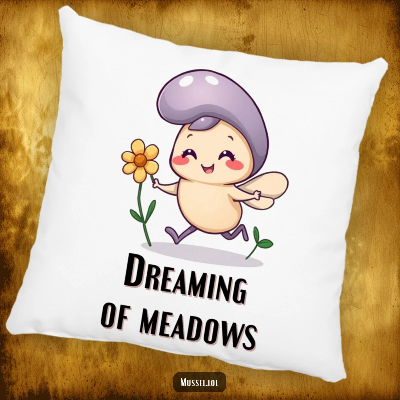 Funny Mussel Flower Pillow: A mussel character with comically tiny legs runs joyfully with a flower, a soft and happy cushion.