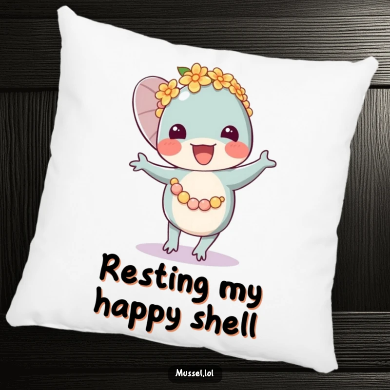 Funny Mussel Lei Dancer Pillow with a happy mussel character in a flower lei, dancing with glee, perfect for adding cheer.