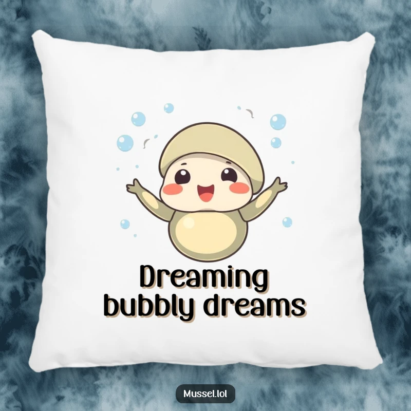 Funny pillow featuring a celebratory mussel character with tiny bubbles rising around it, a soft and humorous decorative item.