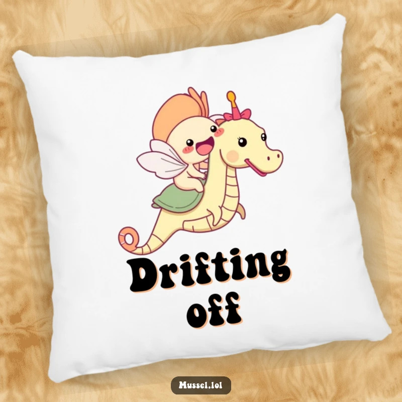 Funny mussel character riding a seahorse pillow, soft and cuddly, bringing ocean vibes.