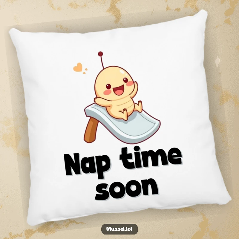 Funny mussel pillow with a character happily sliding down an imaginary slide, providing comfort and a touch of whimsy.