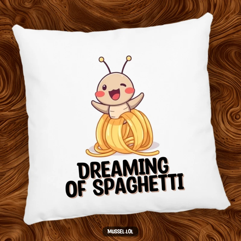 Funny pillow decorated with a happy mussel character joyfully sliding down a spaghetti noodle, offering comfort and a dose of humor.