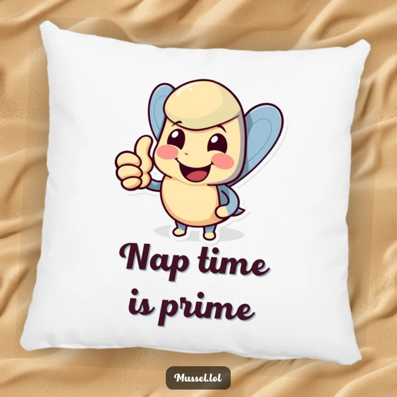 Funny mussel pillow with a smiling character giving a cheerful thumbs up, offering comfort and humor.