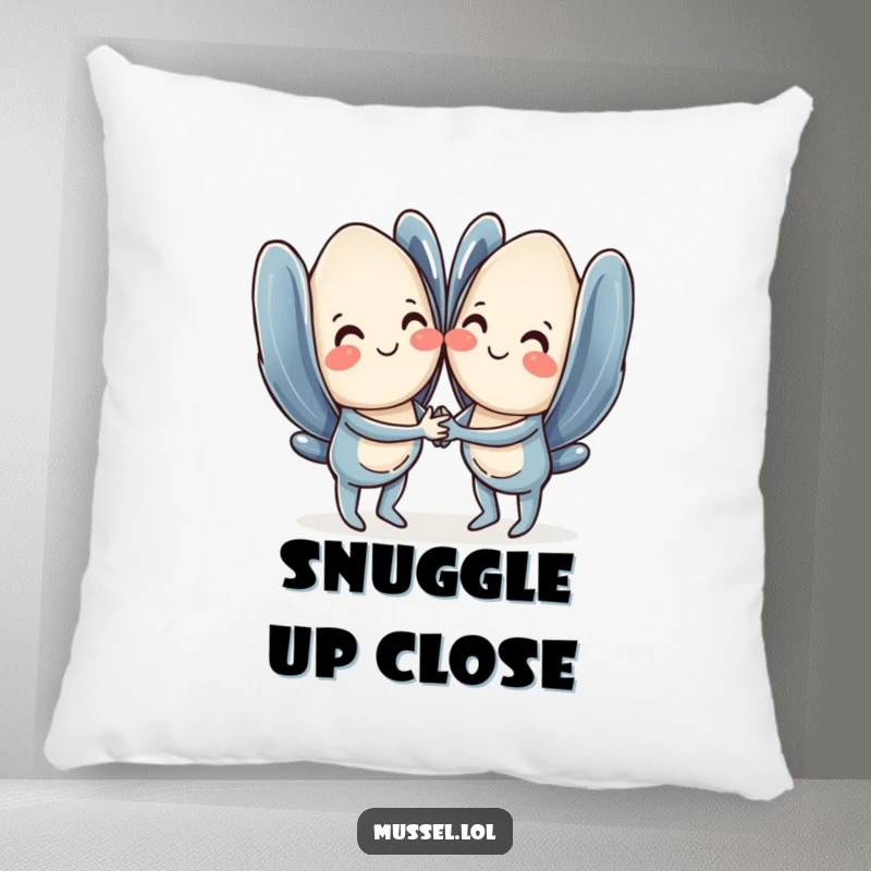 Funny mussel pillow with two sweet mussels holding hands and smiling, offering comfort and humor.
