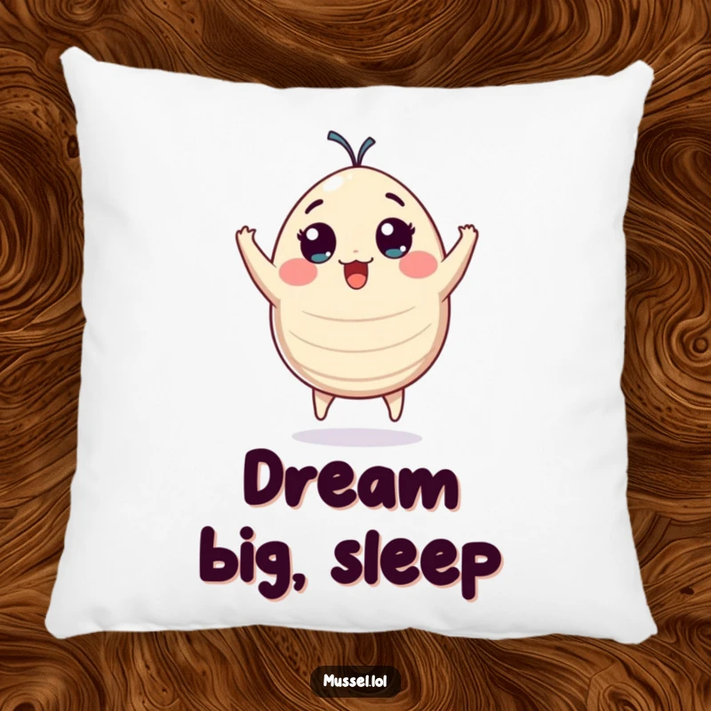 Funny plump mussel character with wide eyes jumping with pure excitement, a soft and humorous pillow.