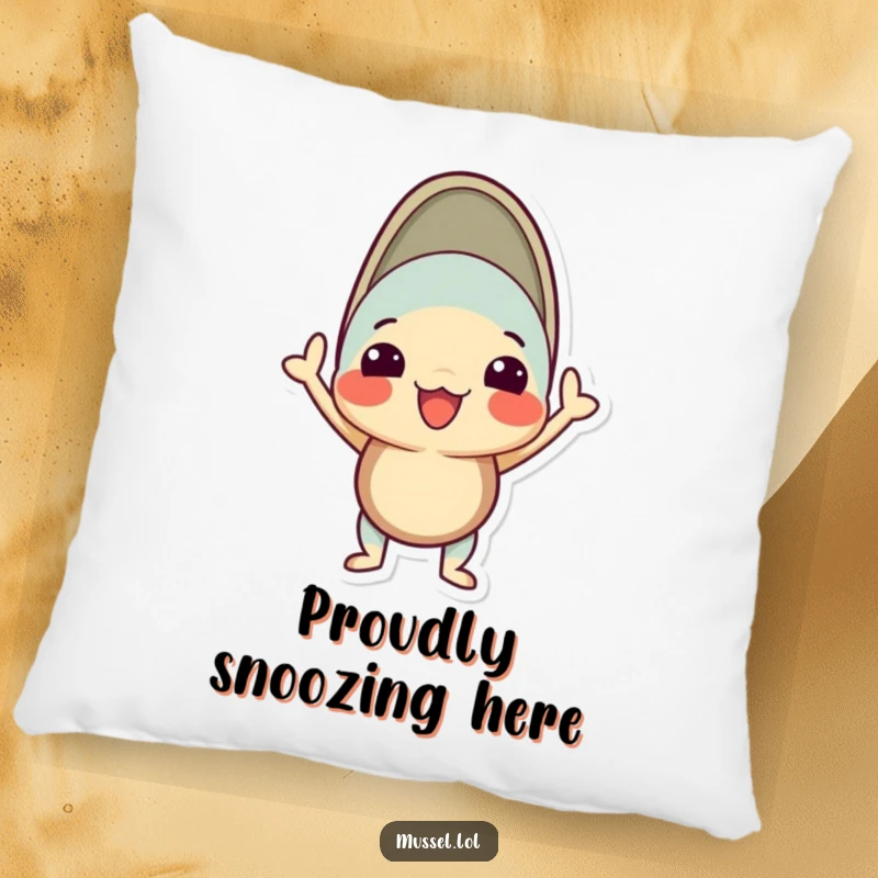Funny mussel pillow featuring a character in a proud, silly pose with its shell open, offering comfort and confidence.