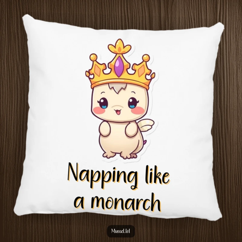 Funny Mussel Pillow with a regal character sporting a tiny crown, designed for humorous comfort and decor.