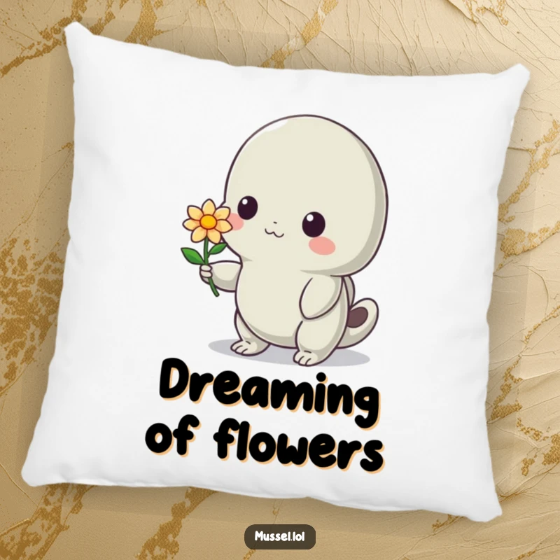 Funny Mussel Pillow: A bashful mussel character offering a delicate flower with a shy smile, perfect for adding cozy, funny charm.