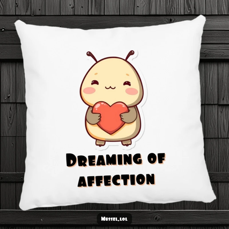 Funny pillow with a shy mussel blushing and holding a heart, offering a soft, humorous, and loving decorative accent.