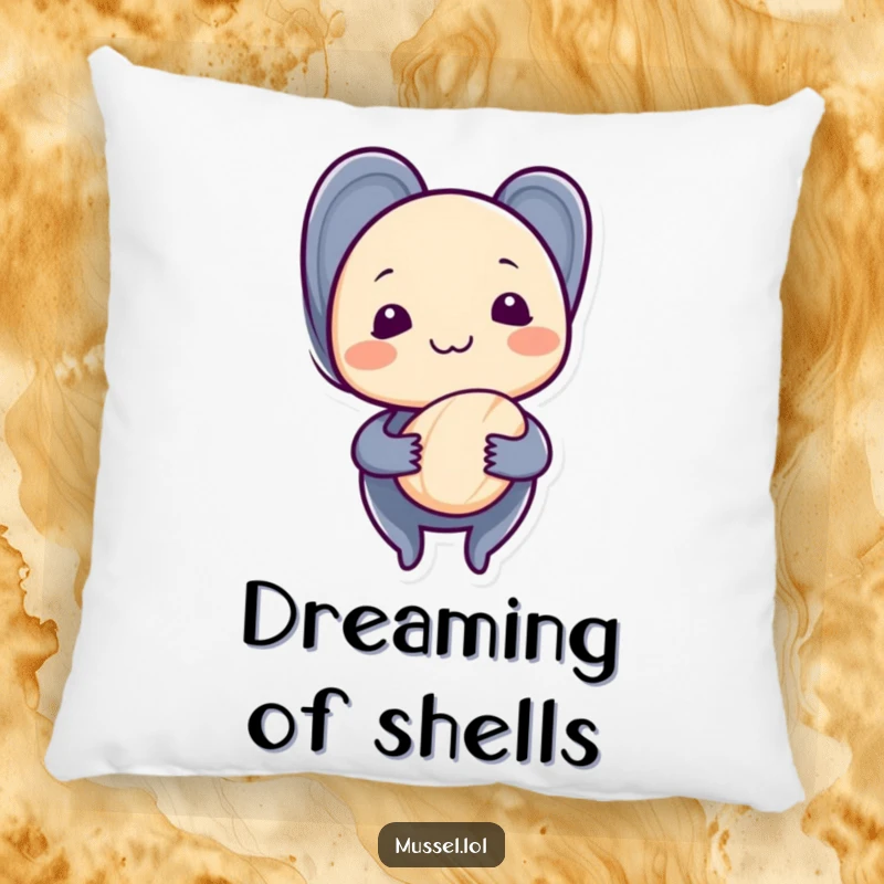 Soft pillow featuring a funny mussel character with a shy grin, holding a seashell, adds gentle humor to any room.