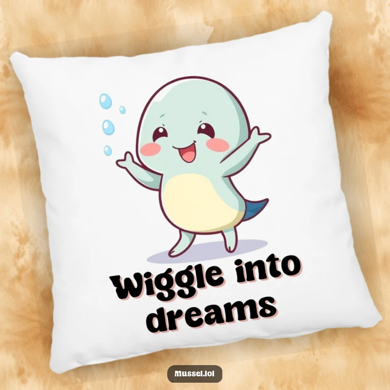 Funny pillow featuring a mussel character doing a happy wiggle dance, with water droplets adding to the fun.