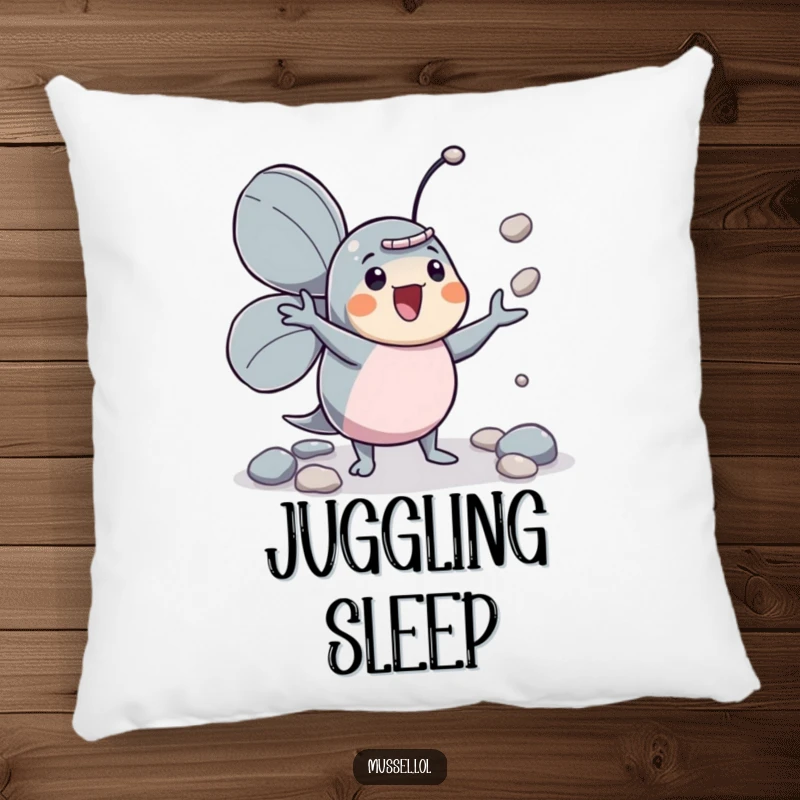 Funny mussel character juggler pillow, enthusiastically juggling pebbles, soft and cuddly.