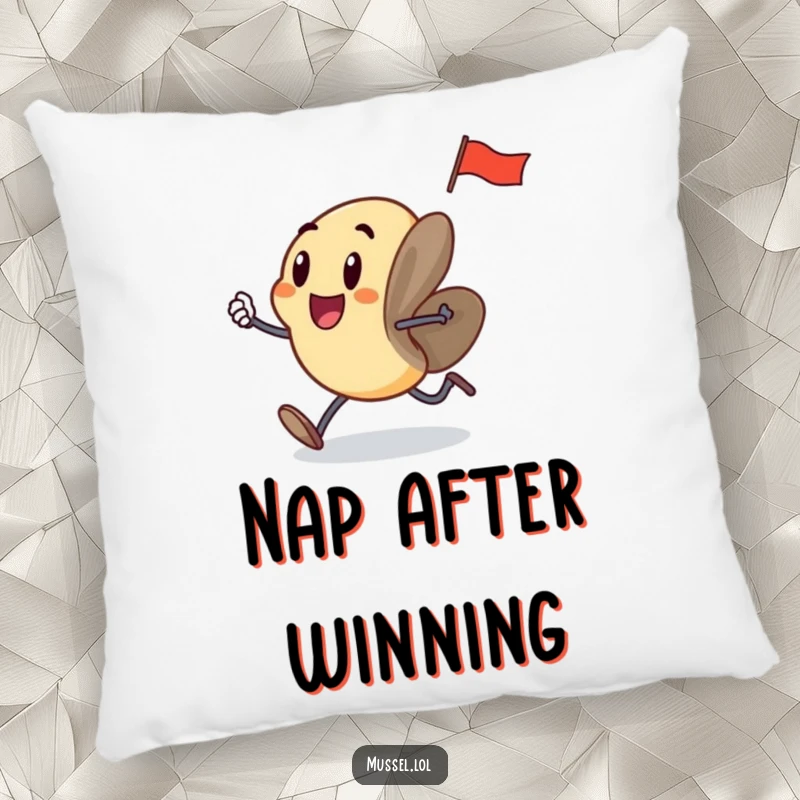 Soft pillow with a funny mussel character, legs running, holding a flag, looking excited, adds humor to any seating.