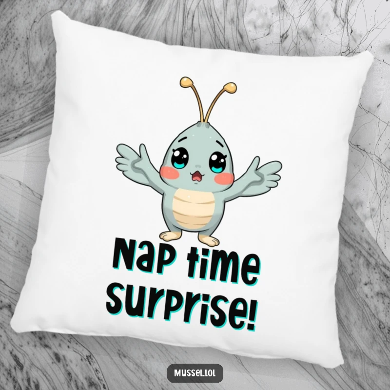 Funny decorative pillow with a surprised mussel character, arms open in a comical pose of shock, soft and huggable.
