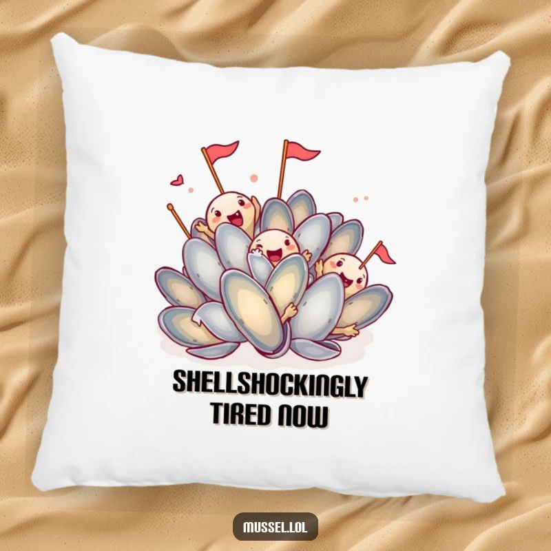 Funny Mussel Party Pillow: Group of excited mussels waving tiny flags, adding a touch of cheerful humor to your decor.