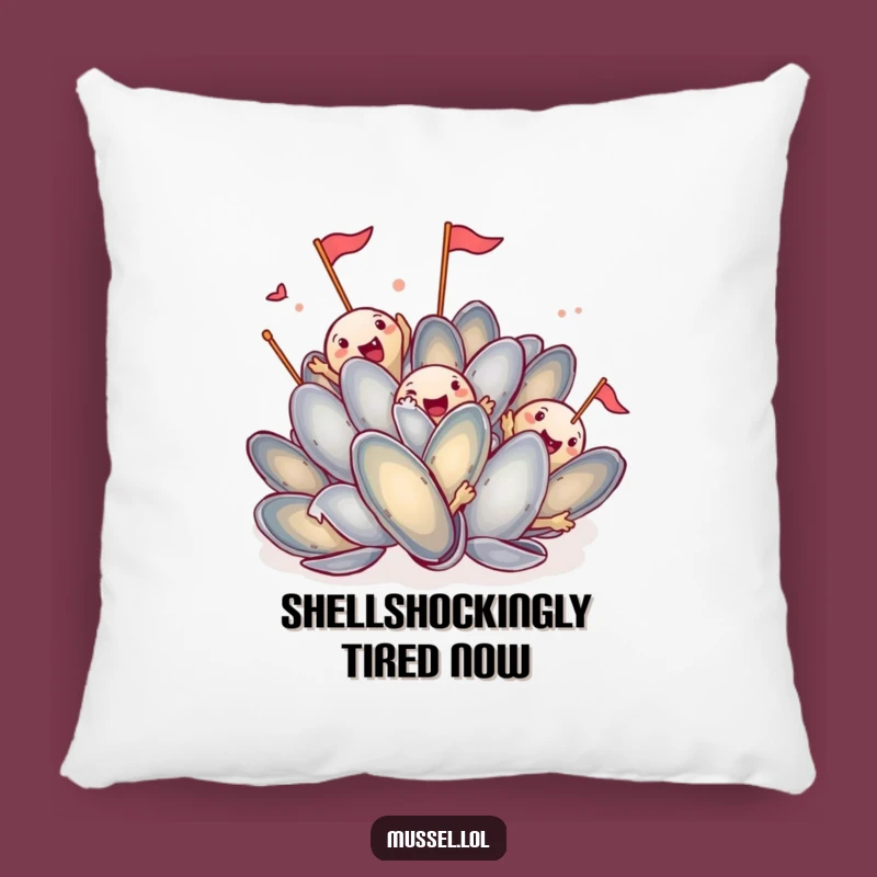 Funny Mussel Party Pillow: Group Cheering with Flags, Cozy Humorous Decor Gift