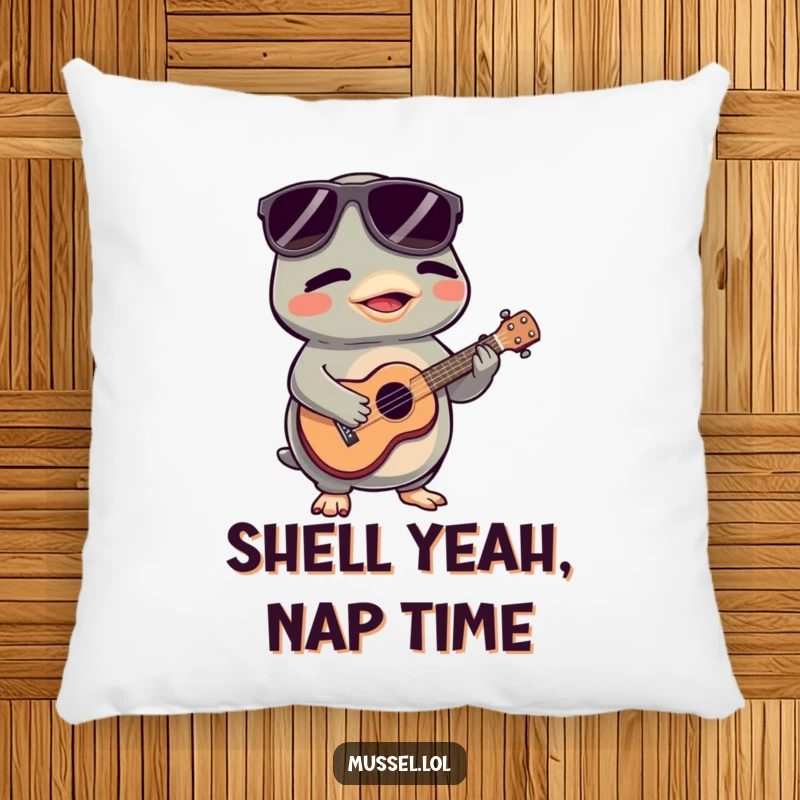 Funny Mussel Pillow: A humorous mussel character in sunglasses plays a tiny ukulele, offering cozy and comical decor.