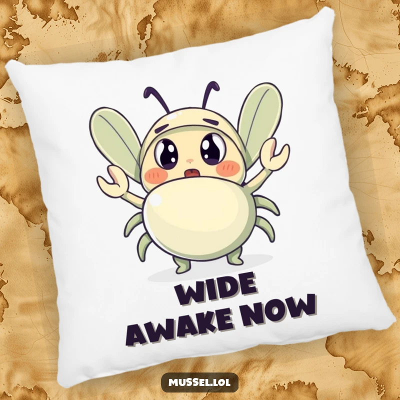 Funny pillow featuring a wide-eyed, surprised mussel character and a small waving crab, a soft and humorous decorative item.