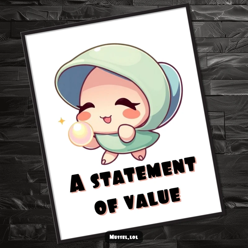 Funny Mussel Pearl Wink Digital Art Print: A high-resolution image of a mussel character winking and offering a radiant pearl, ideal for printable art.