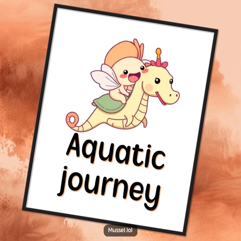 Funny mussel character riding a seahorse digital art print, full of underwater joy.