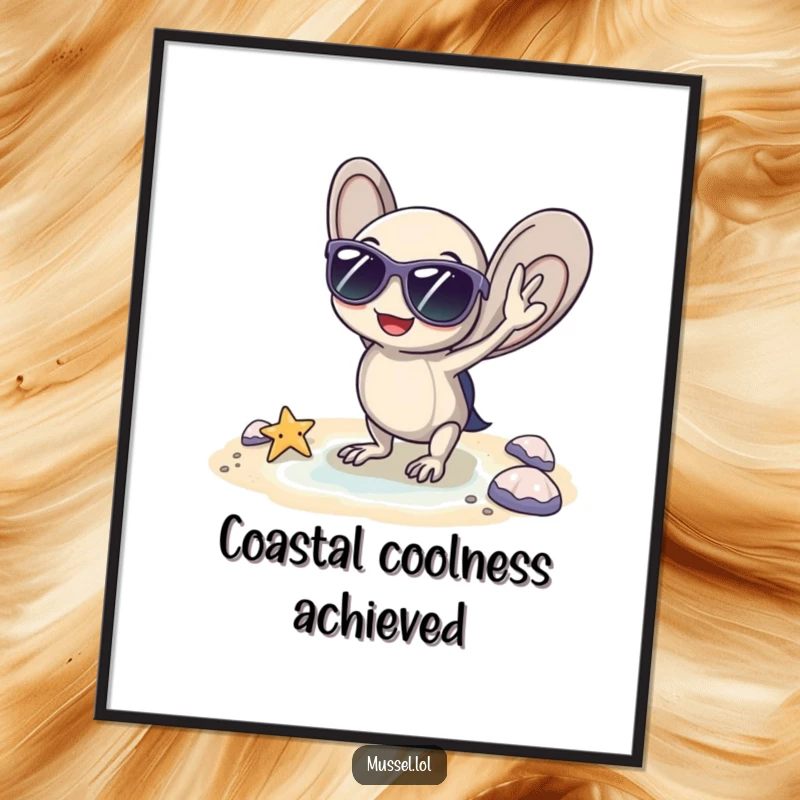 Funny digital art print of a mussel with sunglasses, striking a cool pose by a tiny beach, offering instant beachy humor, a great funny gift.