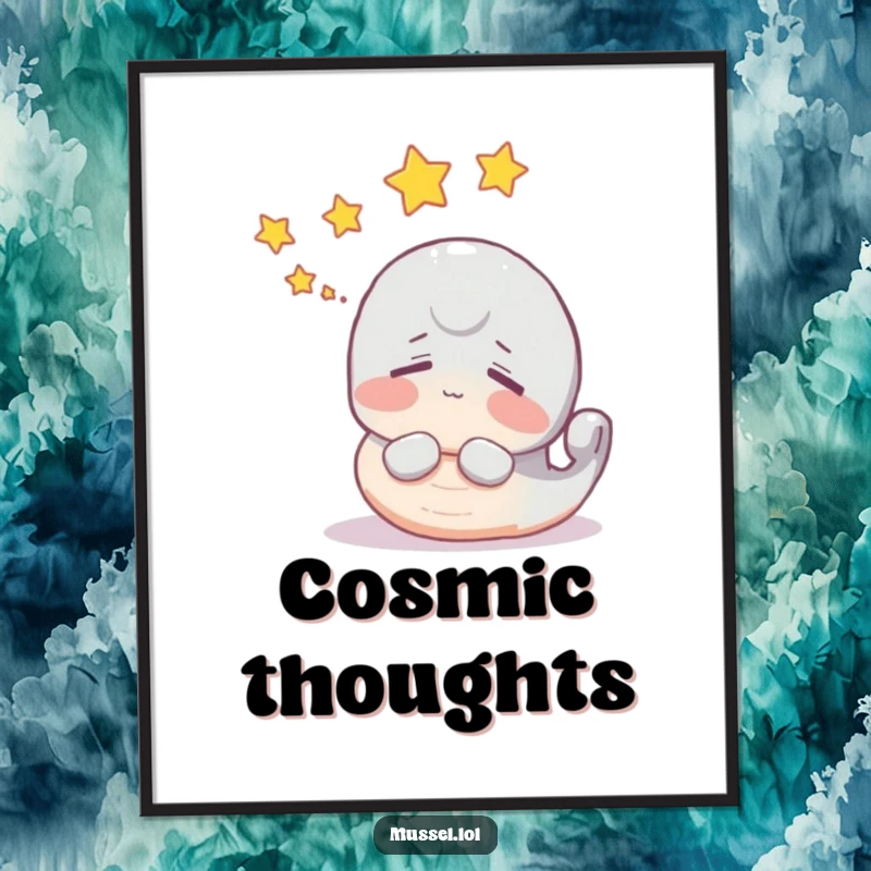 Funny mussel digital art print of a character dreaming with stars floating above its head, ready to print.