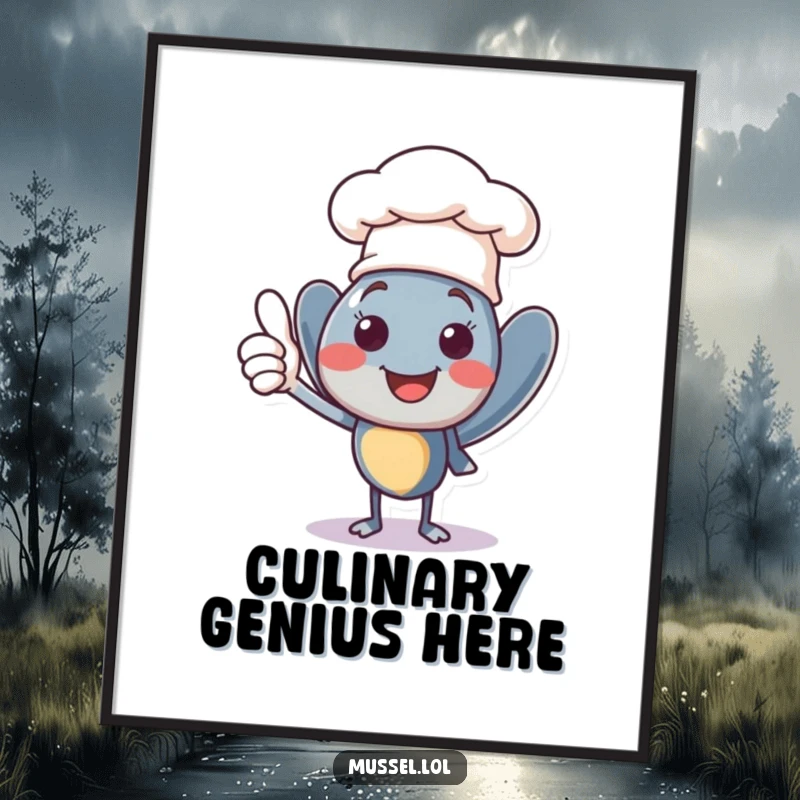 Funny smiling mussel character wearing a tiny chef hat, giving a confident thumbs up, downloadable humorous digital art.