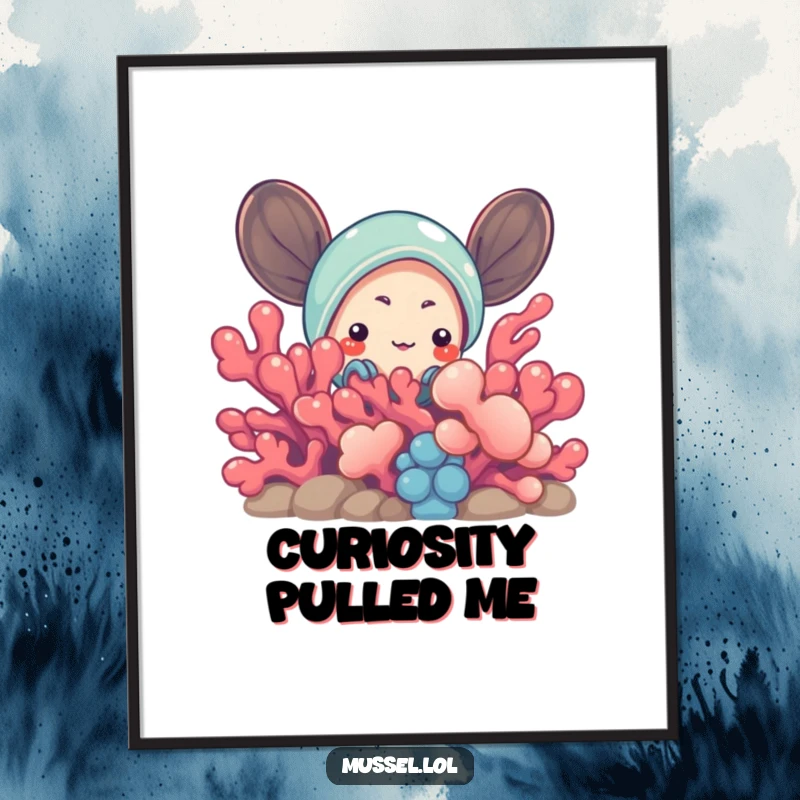 Funny Mussel Digital Art Print: Curious mussel character peeking from behind colorful coral, offering a humorous and playful visual for instant download.