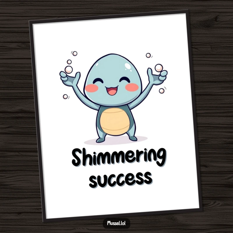 Funny digital art print of a giggling mussel character juggling tiny pearls, bringing whimsical joy and charm.