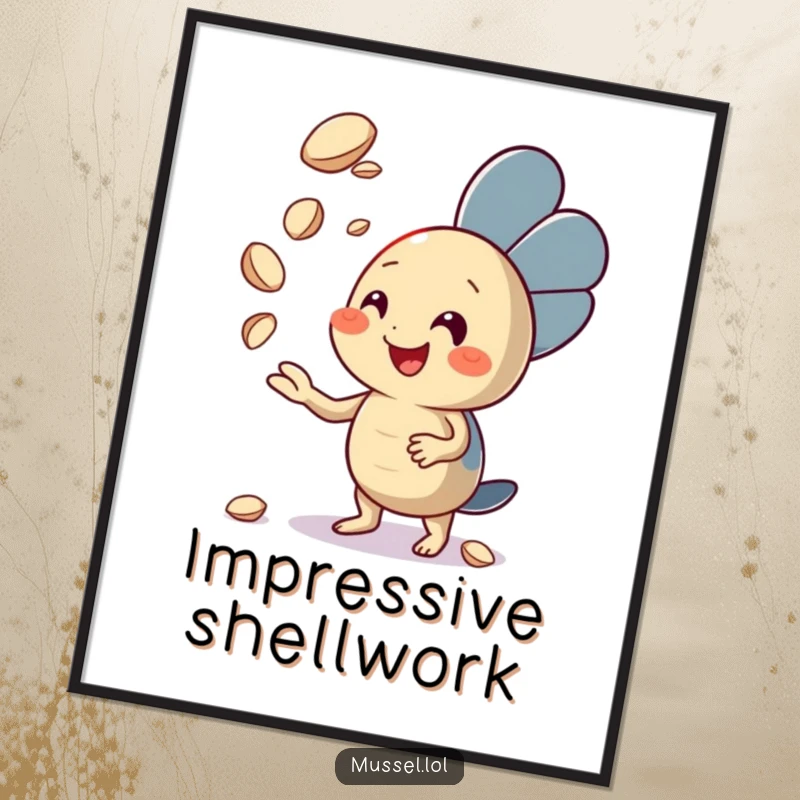 Funny Mussel Digital Art Print of an enthusiastic mussel character juggling seashells, bringing vibrant energy anywhere, a superb funny gift.