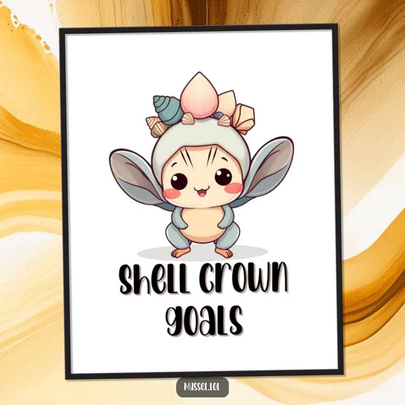 Funny Kawaii Mussel Digital Art Print: A cute mussel character balancing a shell crown creates a humorous and charming piece of art.