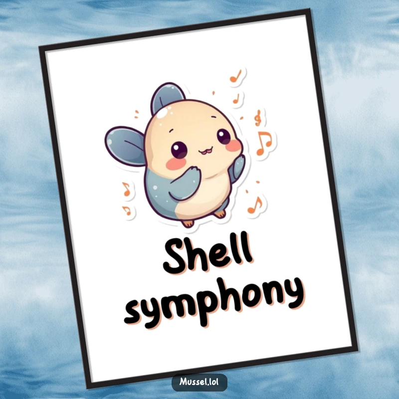 Funny mussel character with tiny musical notes floating around it, a digital art print for humorous and harmonious decor.