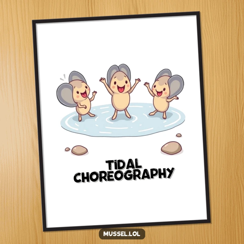 Funny Mussel Dance Digital Art Print featuring mussels performing an elegant synchronized dance in a shallow tide pool, ready for instant download and display.