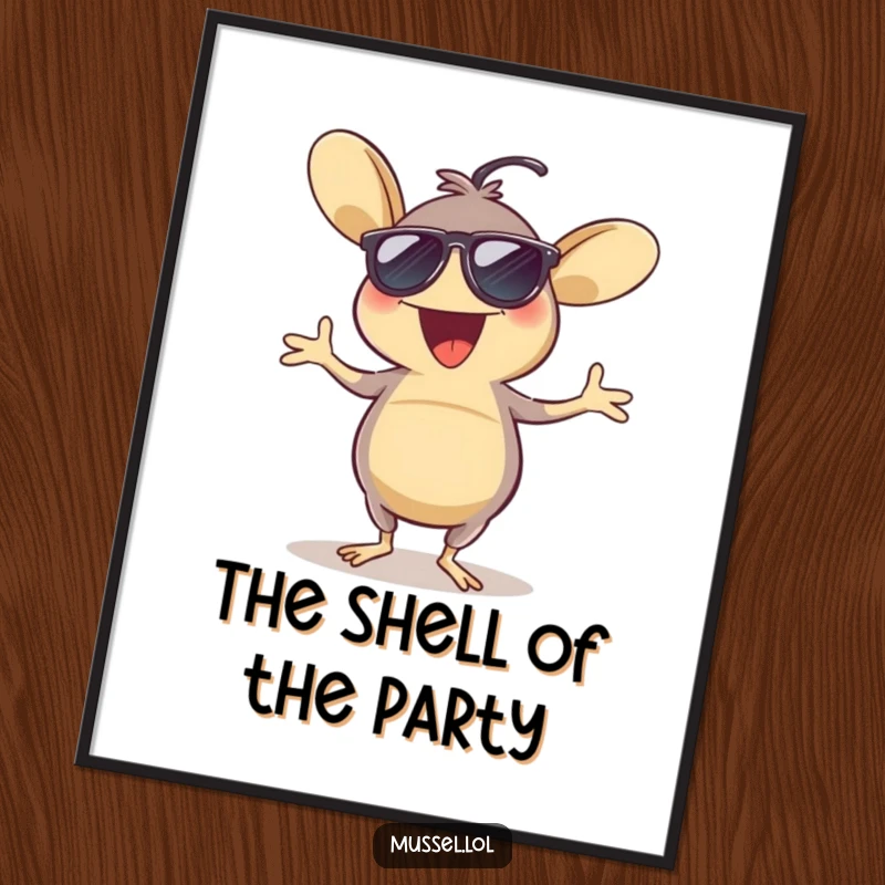 Funny digital art print of an excited mussel wearing sunglasses, dancing a jig, ideal for a humorous and vibrant wall decoration.