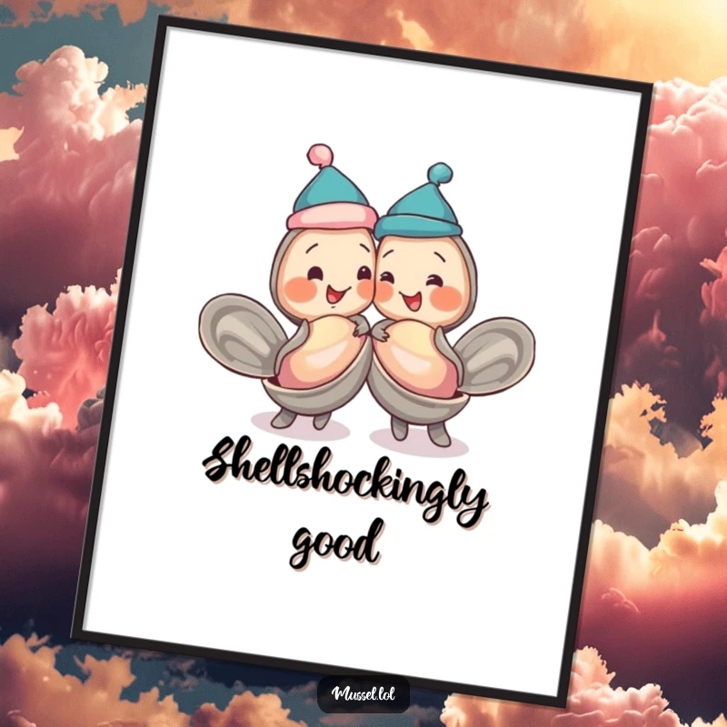 Funny mussels art, in jaunty caps, bumping shells playfully, designed for digital download and printing, full of friendship.