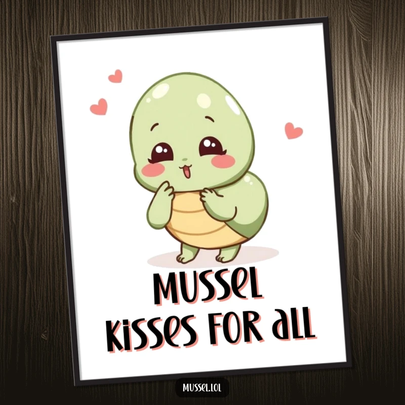 Funny Mussel Kiss Art Print: A mussel character blowing a kiss, conveying sweet and humorous affection in charming wall art.