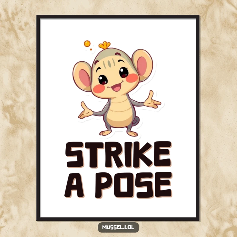 Funny mussel digital art print of a character striking an extremely exaggerated and comical pose, full of personality.