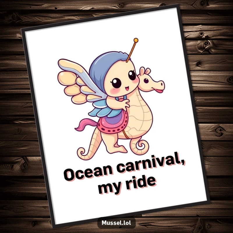 Funny Mussel Digital Art Print: A mussel riding a carousel seahorse, creating a whimsical and joyful underwater scene for instant decor.