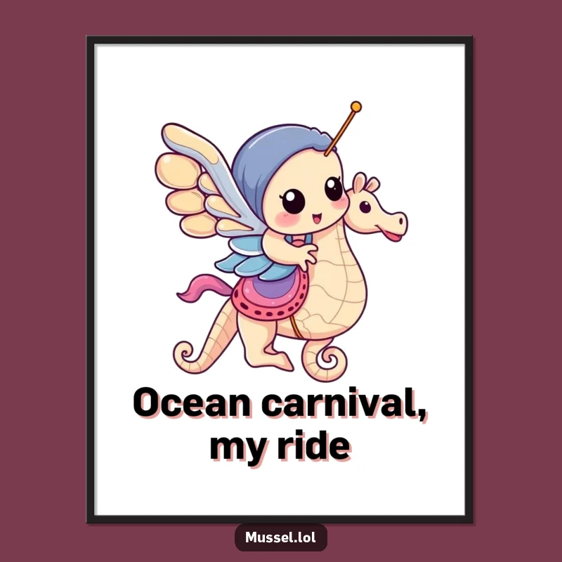 Funny Mussel Seahorse Carousel Digital Art Print: Instant Ocean Whimsy