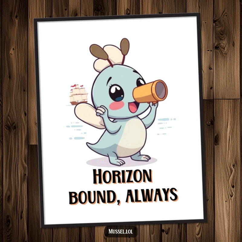 Funny Mussel Digital Art Print: A mussel with a spyglass gazes at a ship, a whimsical scene of exploration, ideal for instant wall decor.