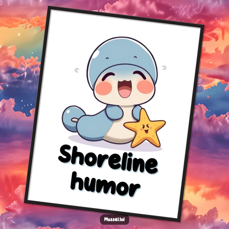 Funny mussel character and a starfish digital art print, sharing a laugh, full of joy.