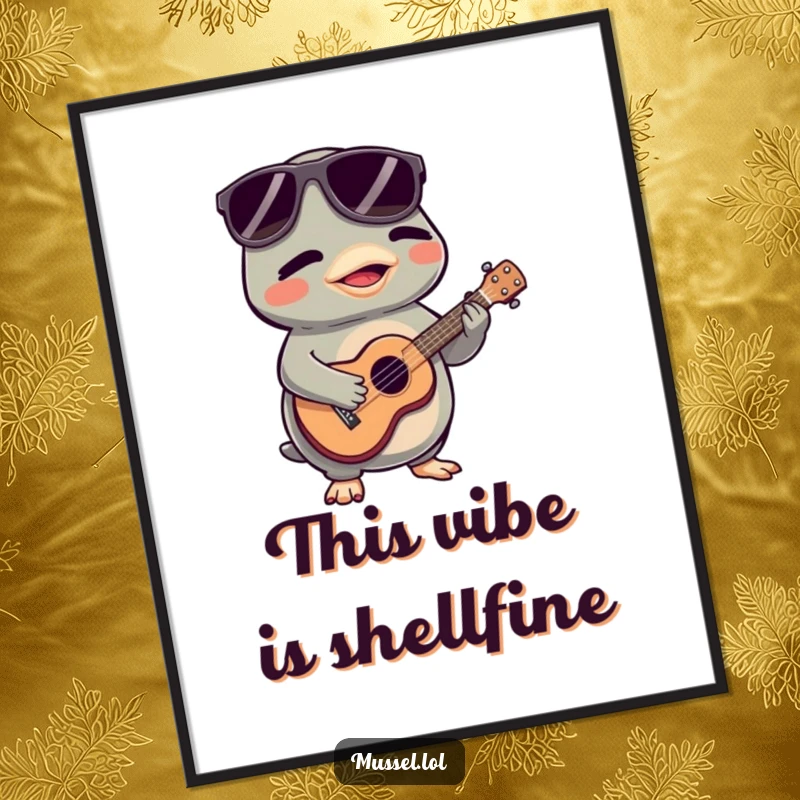 Funny Mussel Digital Art Print: A sunglasses-wearing mussel character joyfully plays a tiny ukulele, adding musical humor to your decor.
