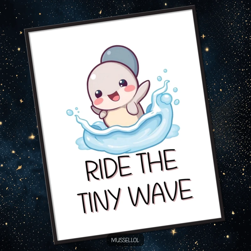 Funny Mussel Wave Splash Digital Art Print: A high-resolution image of a mussel character splashing playfully in a tiny ocean wave, perfect for wall art.